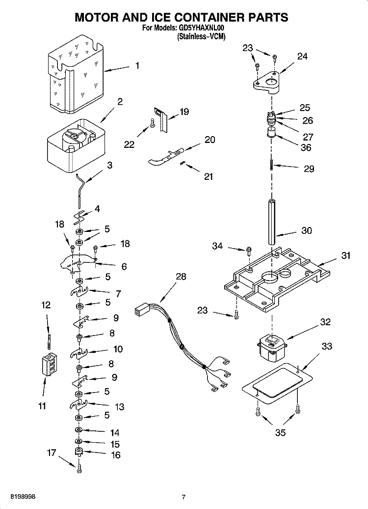 MOTOR AND ICE CONTAINER PARTS Diagram and Parts List for GD5YHAXNL00  Whirlpool Refrigerator