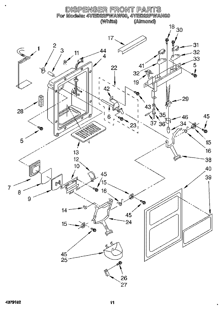 DISPENSER FRONT Diagram and Parts List for 4YED22PWAW00  Whirlpool Refrigerator