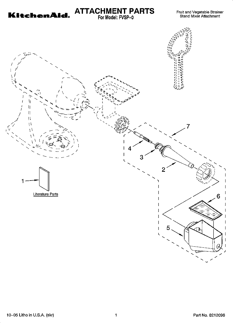 ATTACHMENT PARTS, OPTIONAL PARTS (NOT INCLUDED) Diagram and Parts List for FVSP-0  KitchenAid Mixer