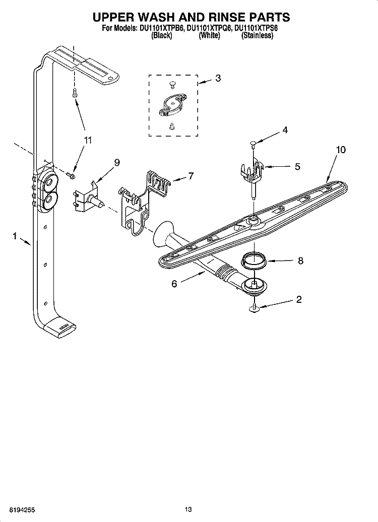 UPPER WASH AND RINSE PARTS Diagram and Parts List for DU1101XTPS6  Whirlpool Dishwasher