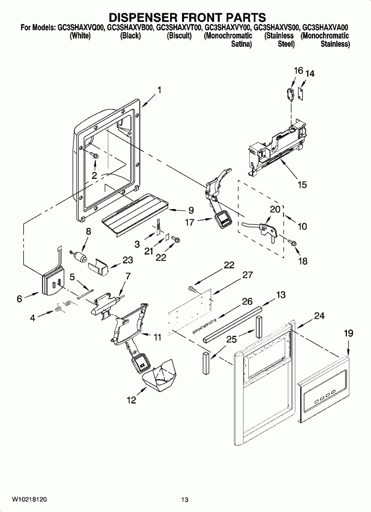 DISPENSER FRONT PARTS Diagram and Parts List for GC3SHAXVA00  Whirlpool Refrigerator