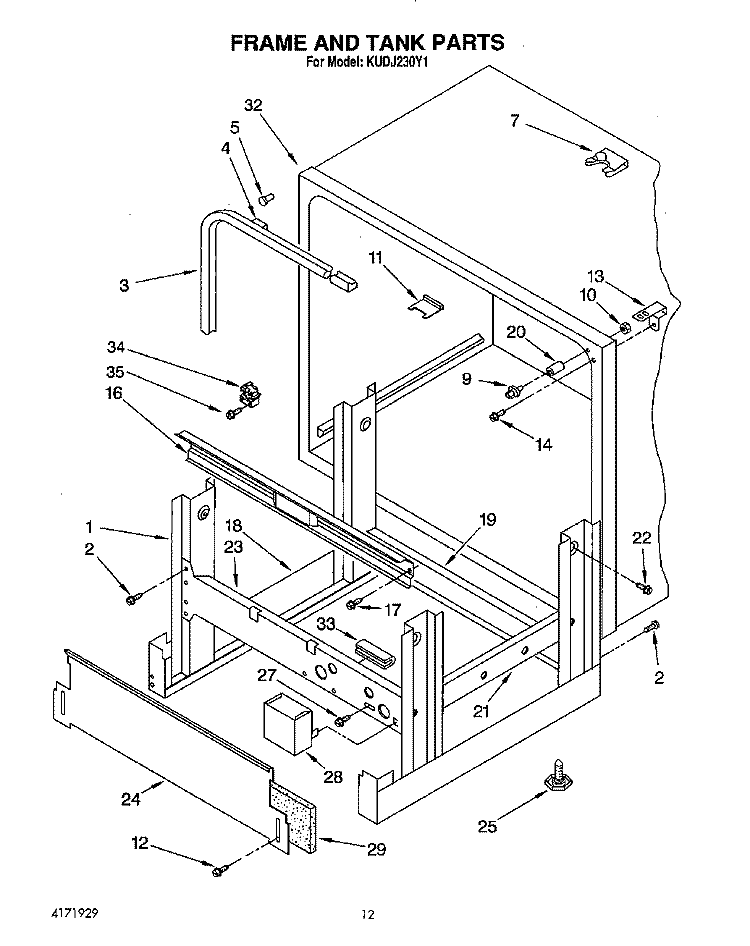 FRAME AND TANK Diagram and Parts List for KUDJ230Y1  KitchenAid Dishwasher