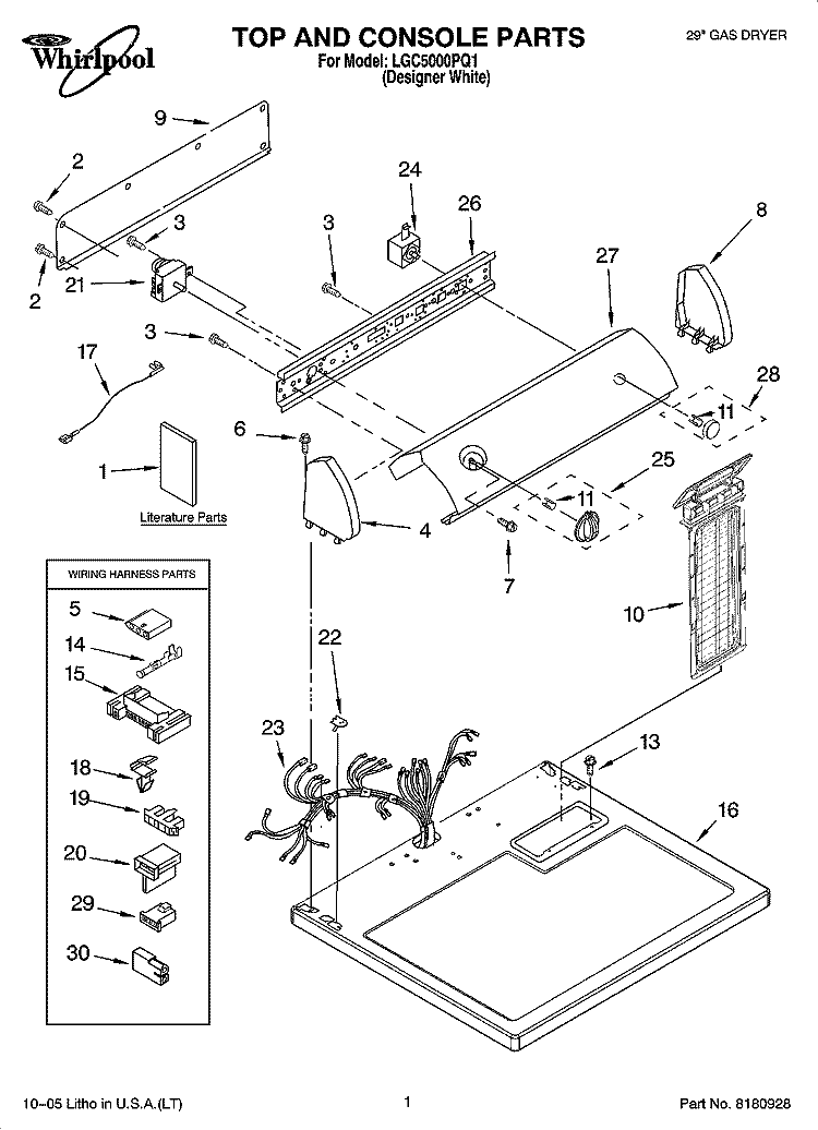 TOP AND CONSOLE PARTS Diagram and Parts List for LGC5000PQ1  Whirlpool Dryer