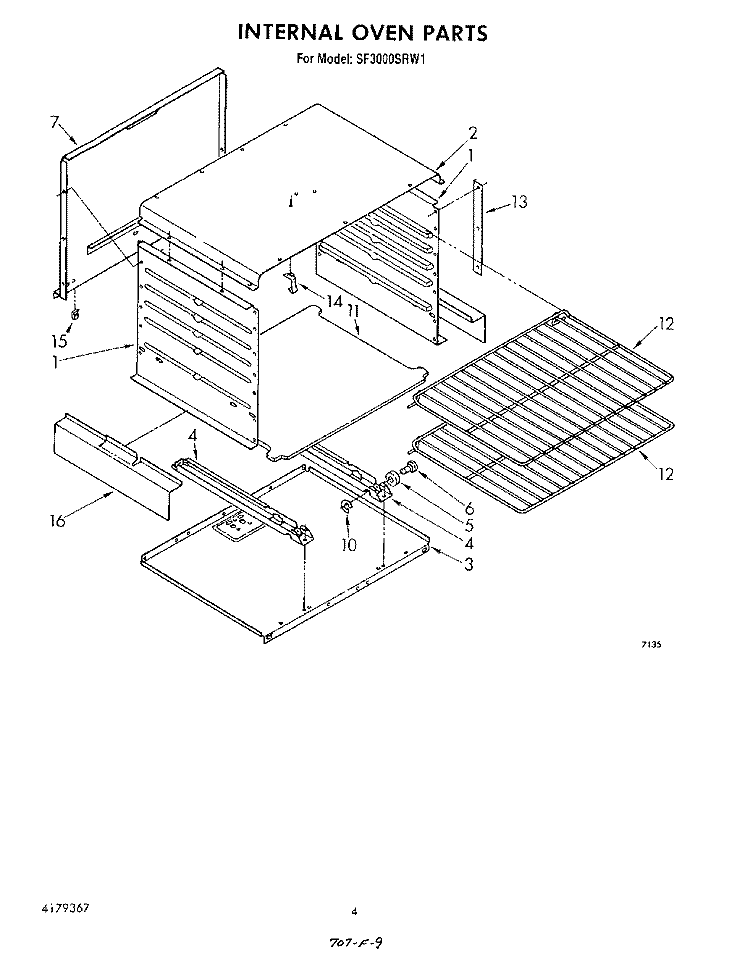INTERNAL OVEN Diagram and Parts List for SF3000SRW1  Whirlpool Range
