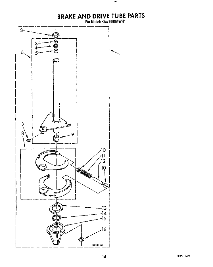 BRAKE AND DRIVE TUBE Diagram and Parts List for KAWE960WAL1  Whirlpool Washer