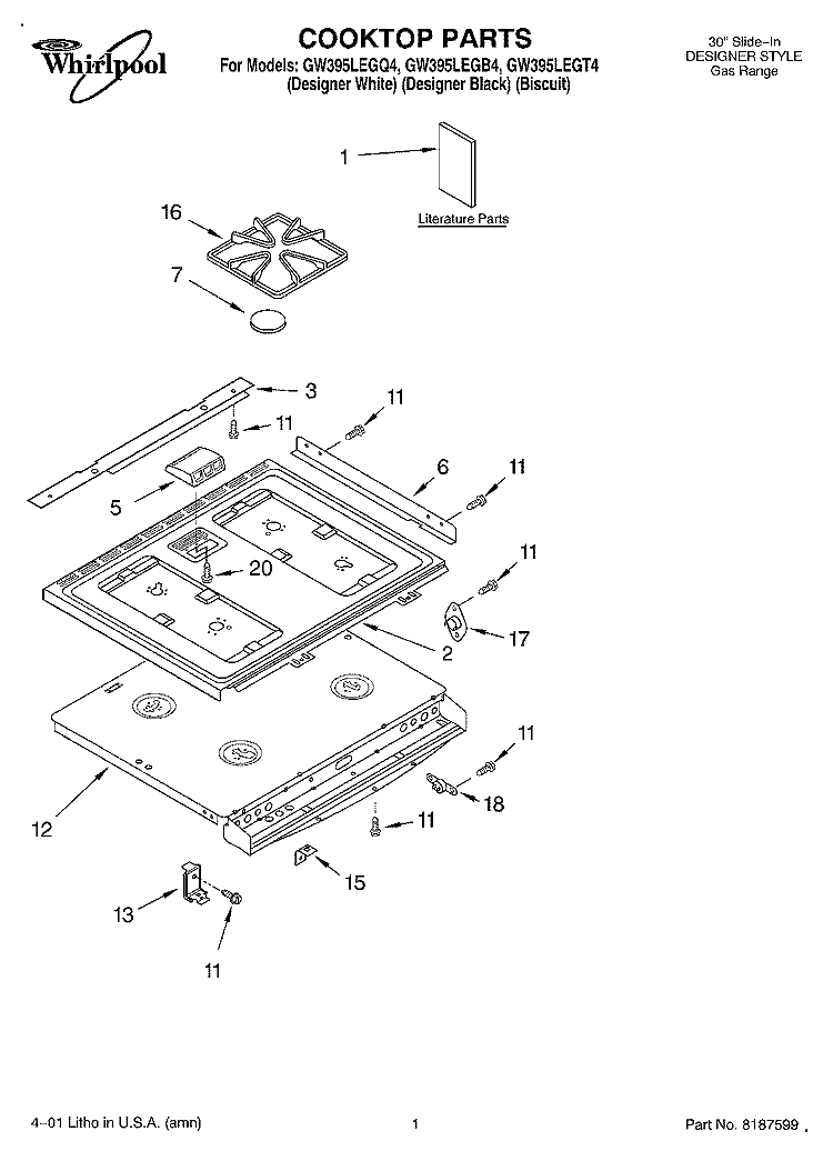 COOKTOP, LITERATURE Diagram and Parts List for GW395LEGB4  Whirlpool Range