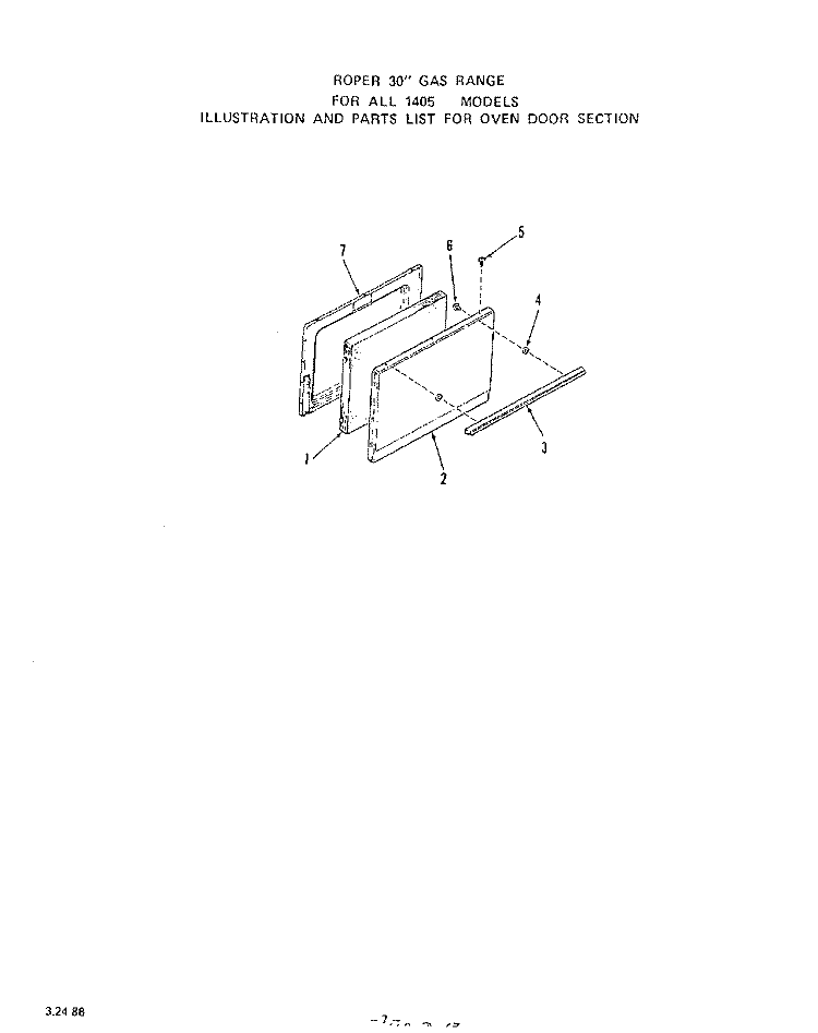 OVEN DOOR Diagram and Parts List for 1405W0A  Roper Range