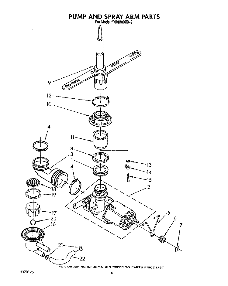 PUMP AND SPRAY ARM Diagram and Parts List for DU8300XX2  Whirlpool Dishwasher