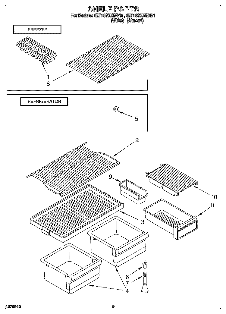 SHELF Diagram and Parts List for 4ET14GKXBN01  Whirlpool Refrigerator