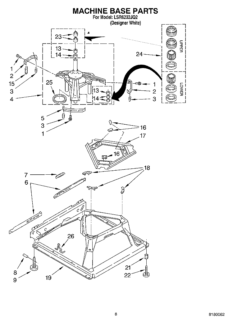 MACHINE BASE PARTS Diagram and Parts List for LSR6232JQ2  Whirlpool Washer