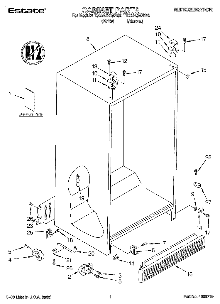 CABINET, LITERATURE Diagram and Parts List for TS22AQXGW02  Whirlpool Refrigerator
