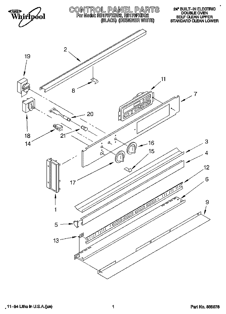 CONTROL PANEL, LITERATURE Diagram and Parts List for RB170PXBQ2  Whirlpool Wall Oven