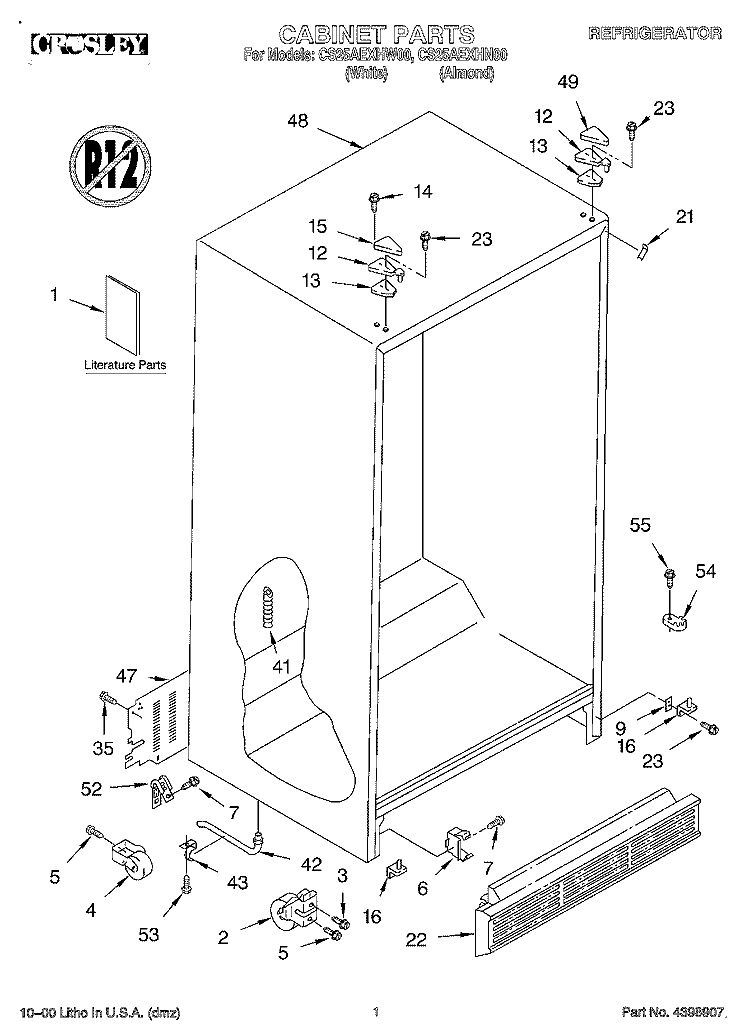 CABINET, LITERATURE Diagram and Parts List for CS25AEXHN00  Crosley Refrigerator