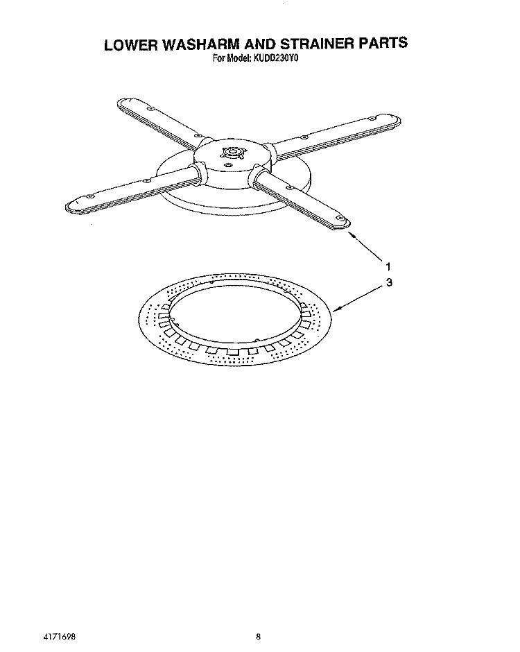 LOWER WASHARM AND STRAINER Diagram and Parts List for KUDD230Y0  KitchenAid Dishwasher