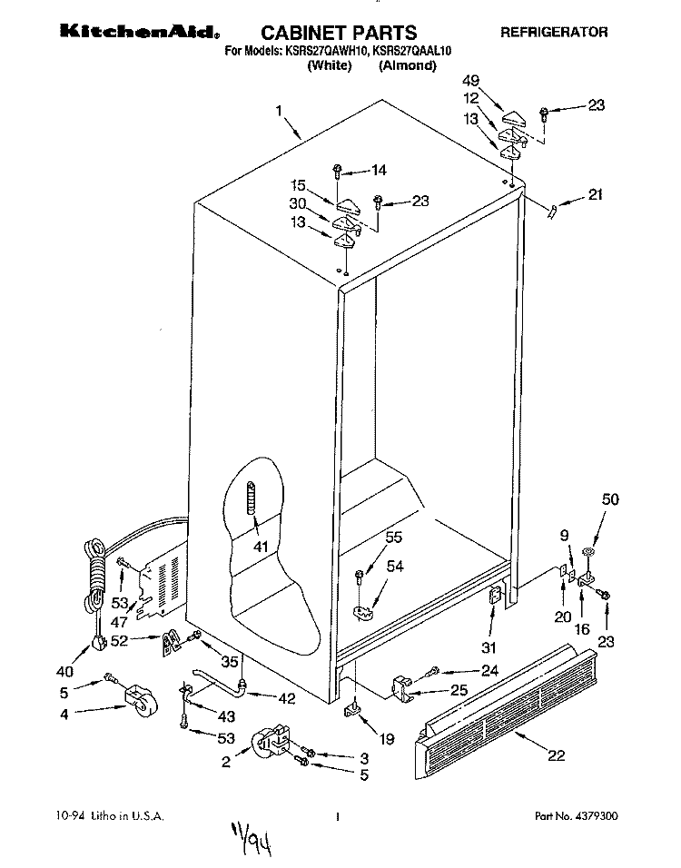 CABINET Diagram and Parts List for KSRS27QAWH10  KitchenAid Refrigerator