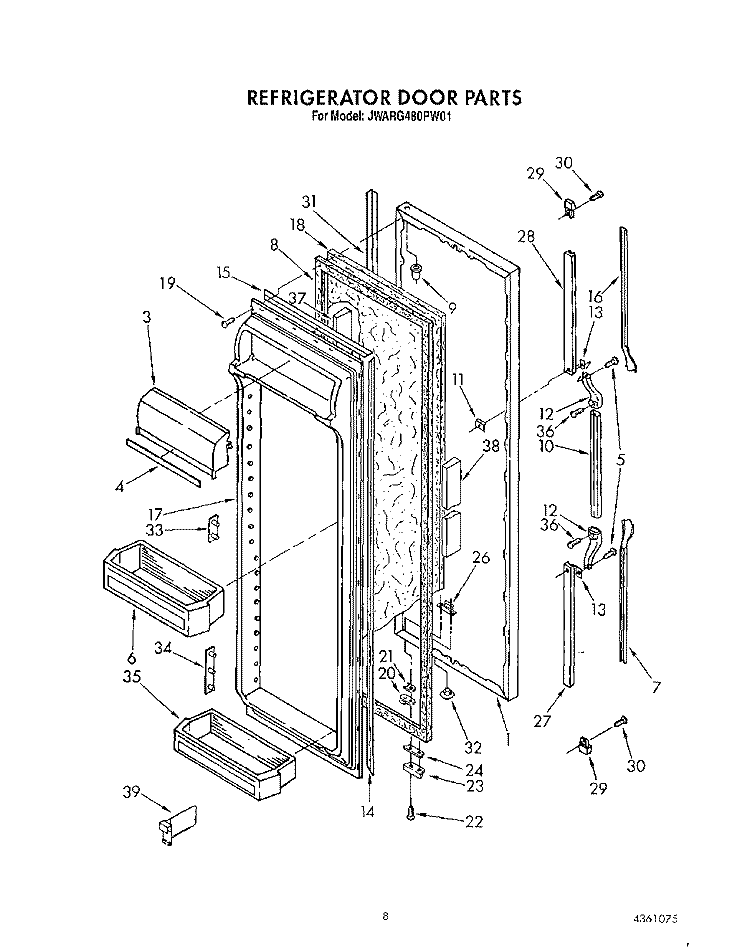 REFRIGERATOR DOOR Diagram and Parts List for JWARG480PW01  Whirlpool Refrigerator
