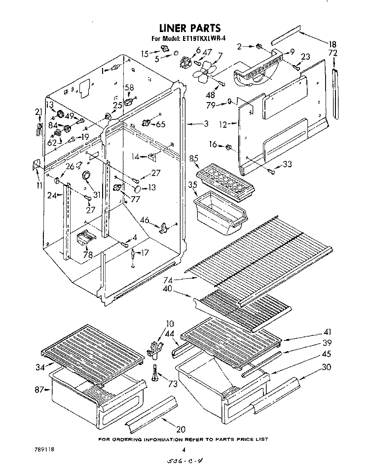 LINER Diagram and Parts List for ET19TKXLWR4  Whirlpool Refrigerator