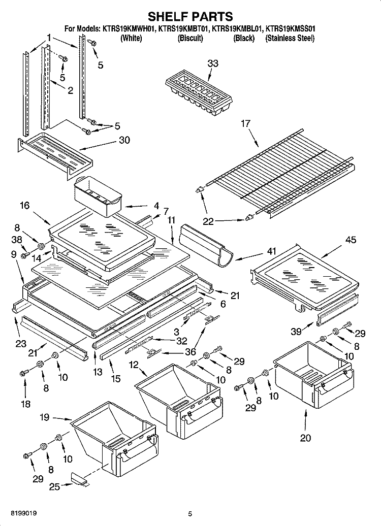 SHELF PARTS Diagram and Parts List for KTRS19KMWH01  KitchenAid Refrigerator