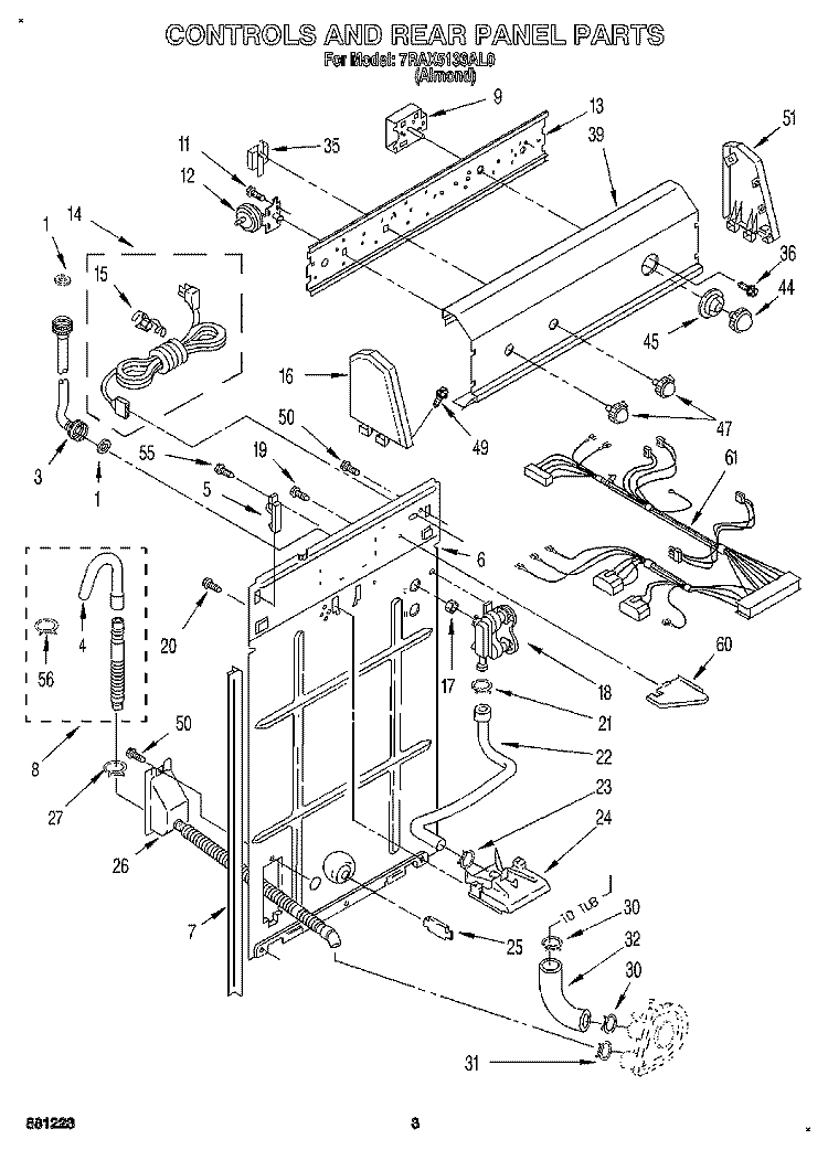 CONTROLS AND REAR PANEL Diagram and Parts List for 7RAX5133AL0  Whirlpool Washer
