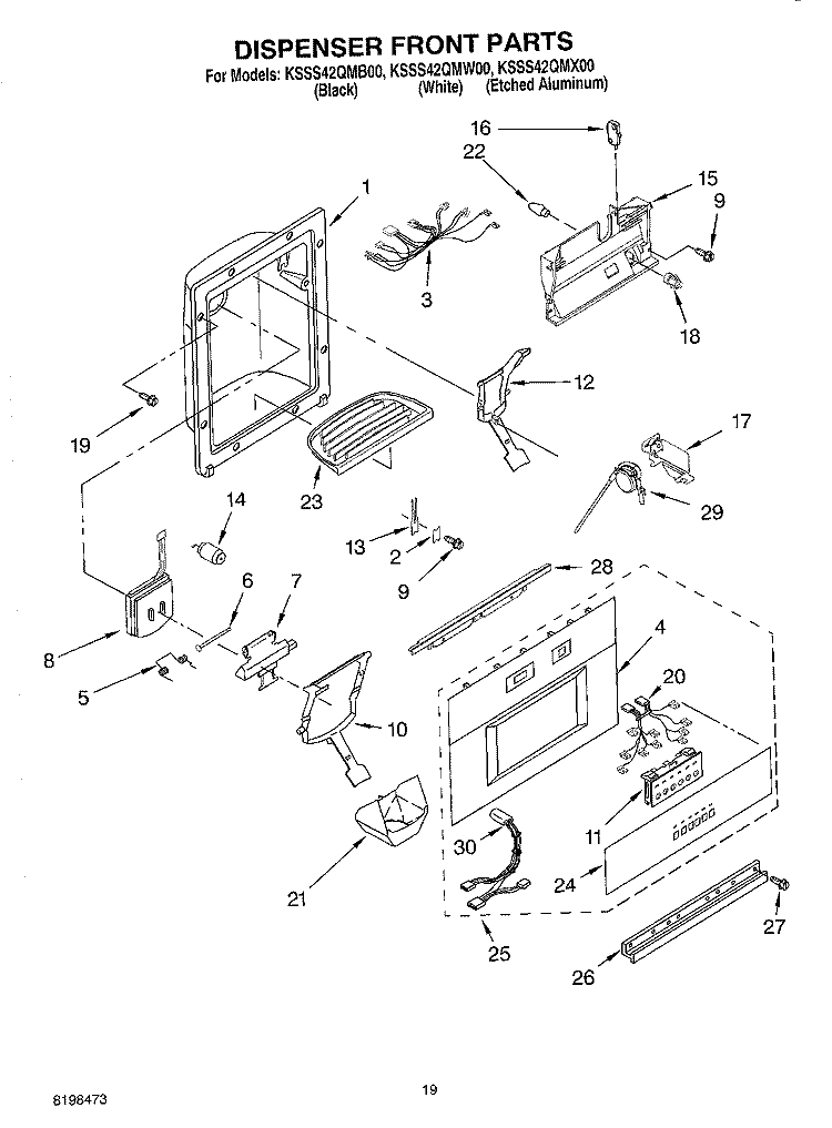 DISPENSER AND FRONT PARTS Diagram and Parts List for KSSS42QMB00  KitchenAid Refrigerator