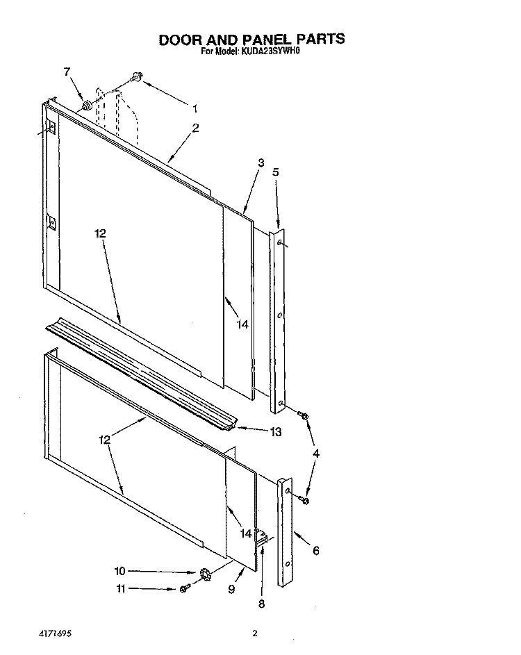 DOOR AND PANEL Diagram and Parts List for KUDA23SYWH0  KitchenAid Dishwasher