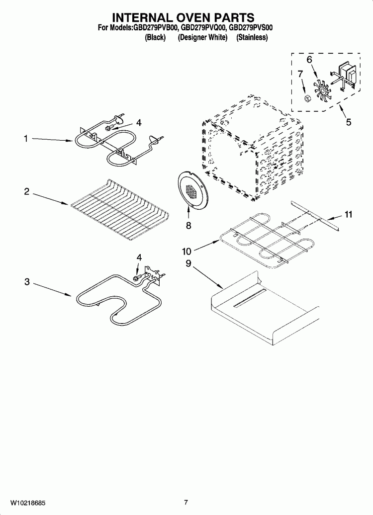 INTERNAL OVEN PARTS Diagram and Parts List for GBD279PVS00  Whirlpool Wall Oven