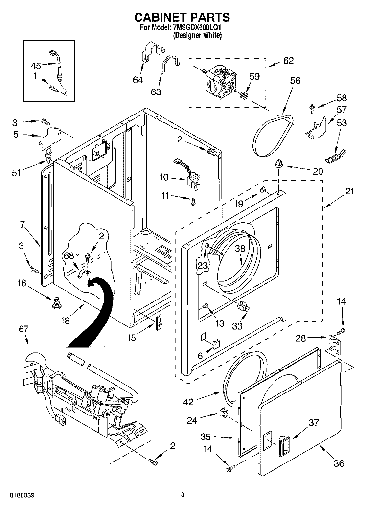 CABINET PARTS Diagram and Parts List for 7MSGDX600LQ1  Whirlpool Dryer
