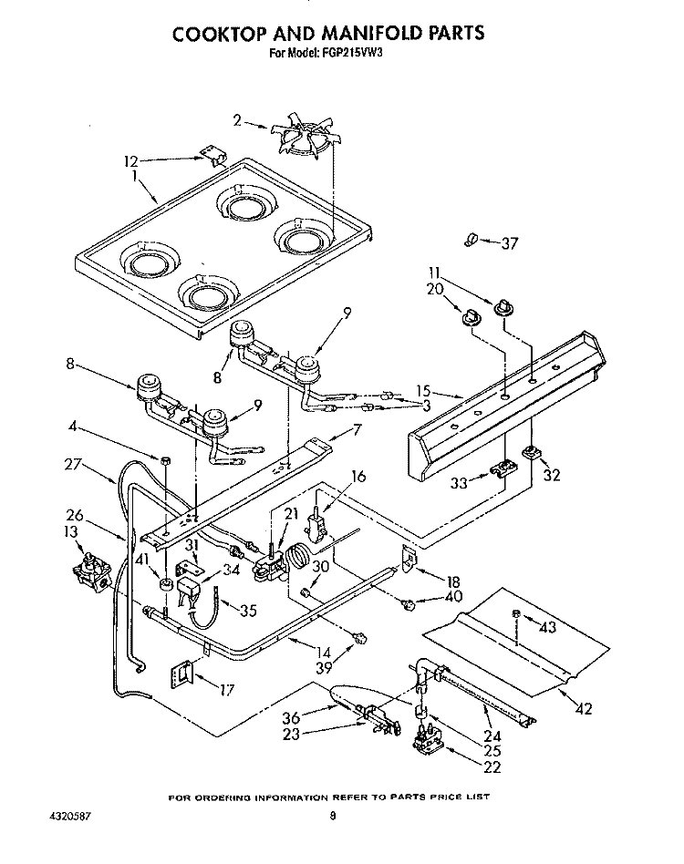 COOKTOP AND MANIFOLD, LIT/OPTIONAL Diagram and Parts List for FGP215VW3  Roper Range