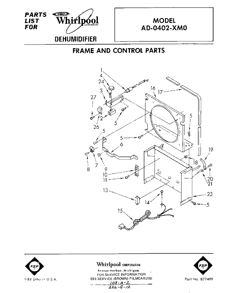 SECTION Diagram and Parts List for AD0402XM0  Whirlpool Dehumidifier
