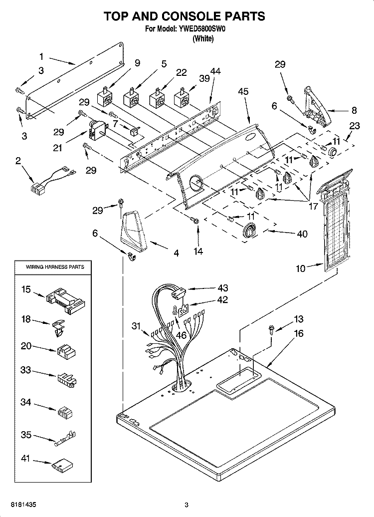 TOP AND CONSOLE PARTS Diagram and Parts List for YWED5800SW0  Whirlpool Dryer