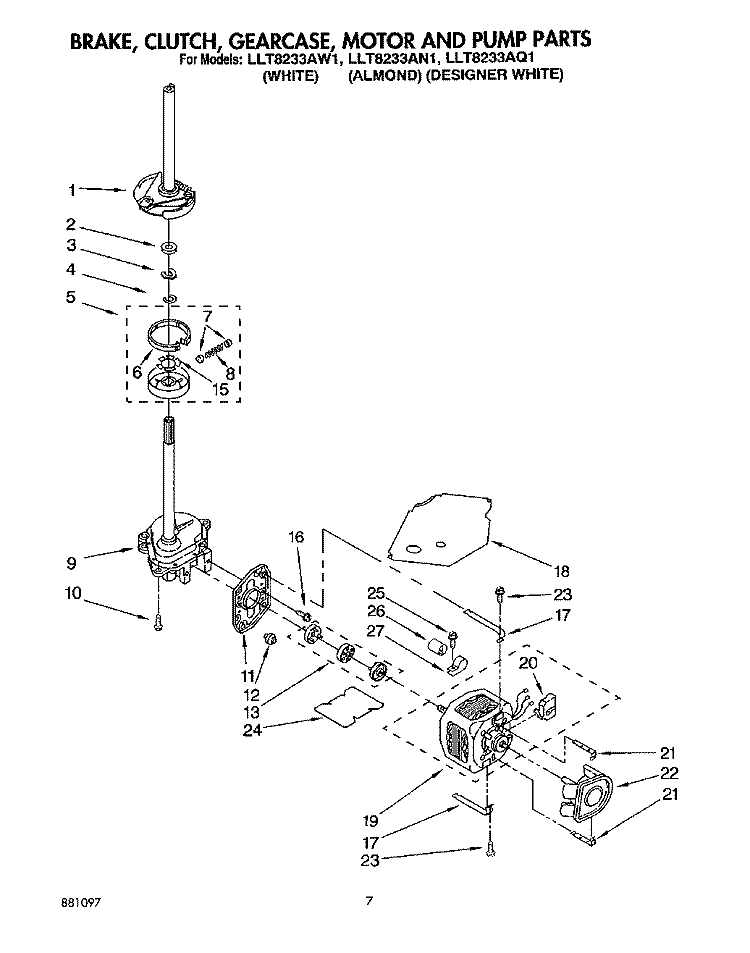 BRAKE, CLUTCH, GEARCASE, MOTOR & PUMP Diagram and Parts List for LLT8233AQ1  Whirlpool Washer