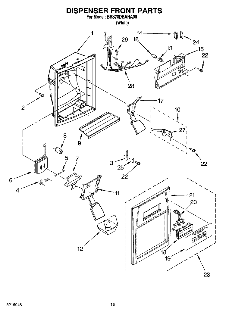 DISPENSER FRONT PARTS Diagram and Parts List for BRS70DBANA00  Whirlpool Refrigerator