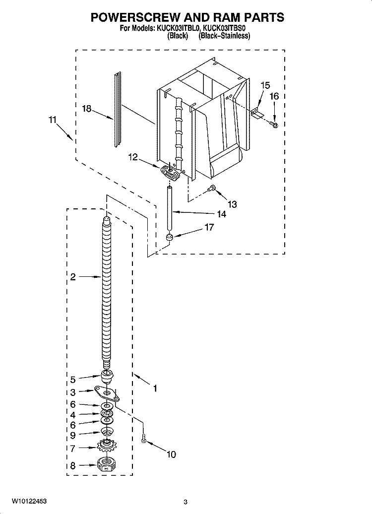 POWERSCREW AND RAM PARTS Diagram and Parts List for KUCK03ITBS0  KitchenAid Trash Compactor