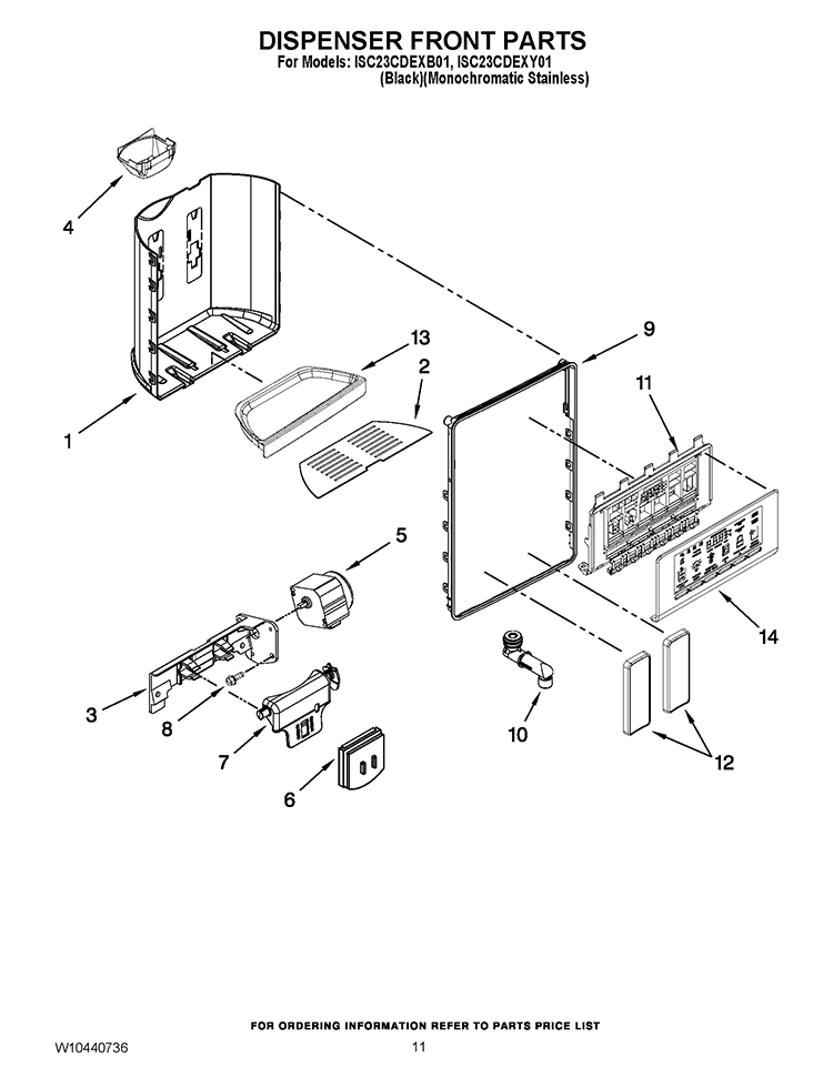 DISPENSER FRONT PARTS Diagram and Parts List for ISC23CDEXY01  Whirlpool Refrigerator