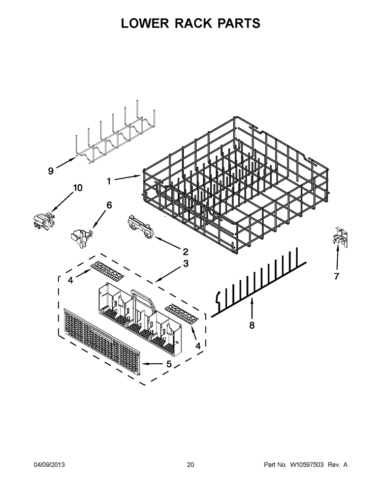 LOWER RACK PARTS Diagram and Parts List for 7WDT770PAYM4  Whirlpool Dishwasher