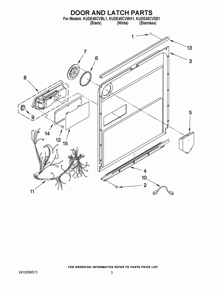 DOOR AND LATCH PARTS Diagram and Parts List for KUDE45CVSS1  KitchenAid Dishwasher