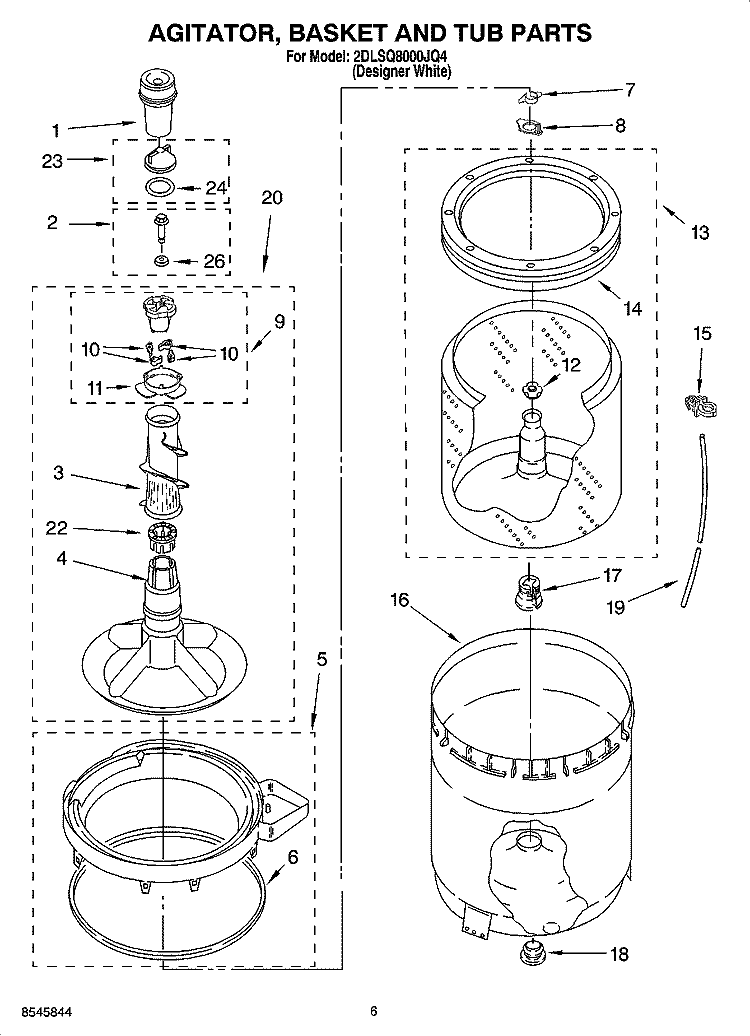 AGITATOR, BASKET AND TUB PARTS Diagram and Parts List for 2DLSQ8000JQ4  Whirlpool Washer