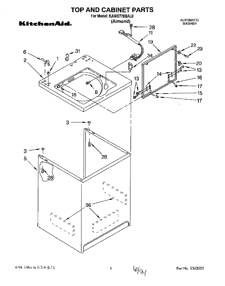 TOP AND CABINET, LIT/OPTIONAL Diagram and Parts List for KAWE778BAL0  KitchenAid Washer