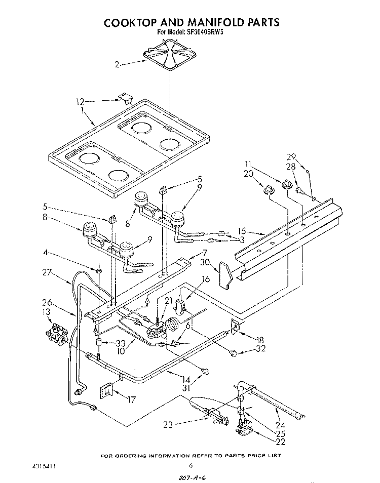 COOK TOP AND MANIFOLD , LITERATURE Diagram and Parts List for SF3040SRW5  Whirlpool Range