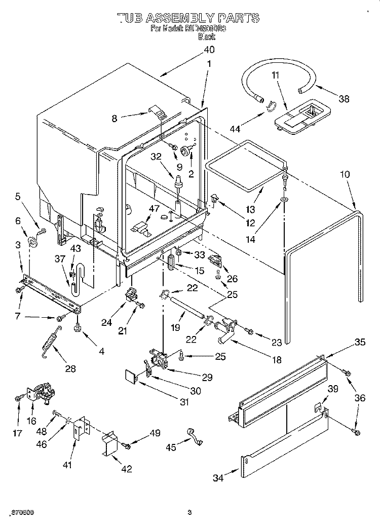 TUB ASSEMBLY Diagram and Parts List for RUD4500DB3  Roper Dishwasher