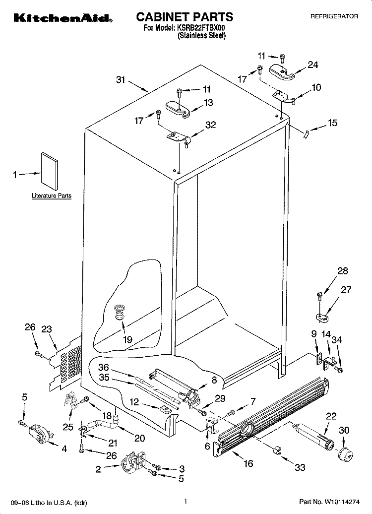 CABINET PARTS Diagram and Parts List for KSRB22FTBX00  KitchenAid Refrigerator