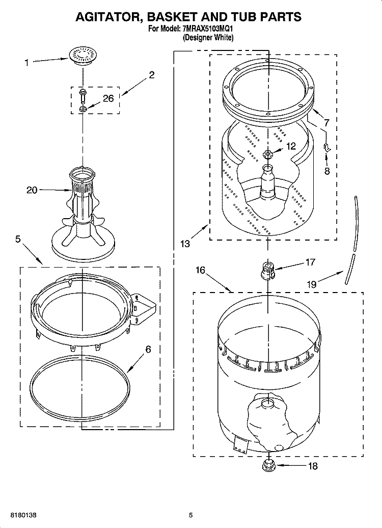 AGITATOR, BASKET AND TUB PARTS Diagram and Parts List for 7MRAX5103MQ1  Roper Washer