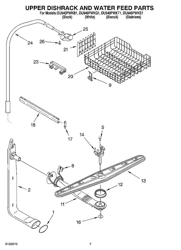 UPPER DISHRACK AND WATER FEED Diagram and Parts List for DU940PWKB1  Whirlpool Dishwasher