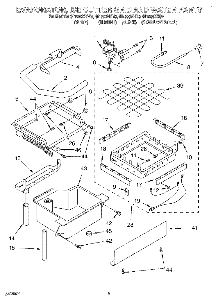 EVAPORATOR, ICE CUTTER GRID AND WATER Diagram and Parts List for GI1500XHN0  Whirlpool Ice Maker