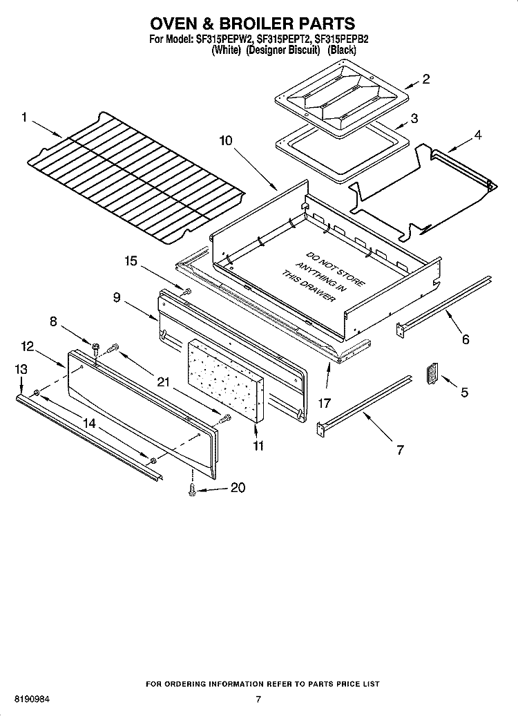 OVEN & BROILER PARTS Diagram and Parts List for SF315PEPB2  Whirlpool Range
