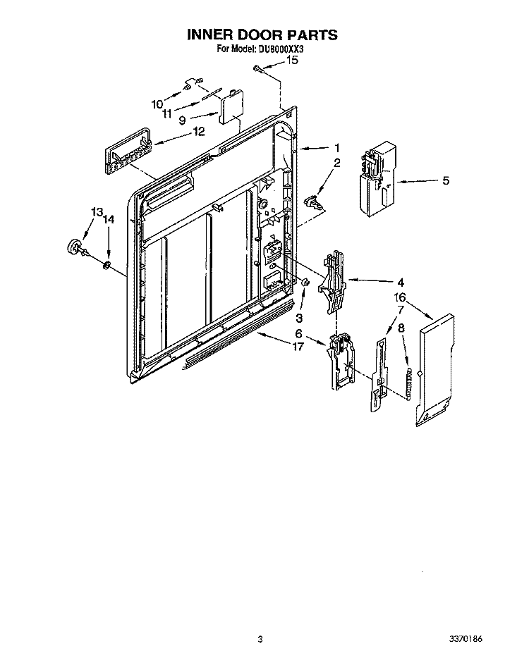INNER DOOR Diagram and Parts List for DU8000XX3  Whirlpool Dishwasher