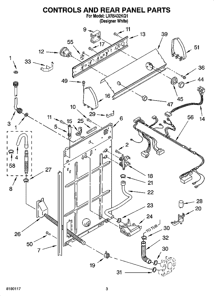 CONTROL AND REAR PANEL PARTS Diagram and Parts List for LXR5432KQ1  Whirlpool Washer