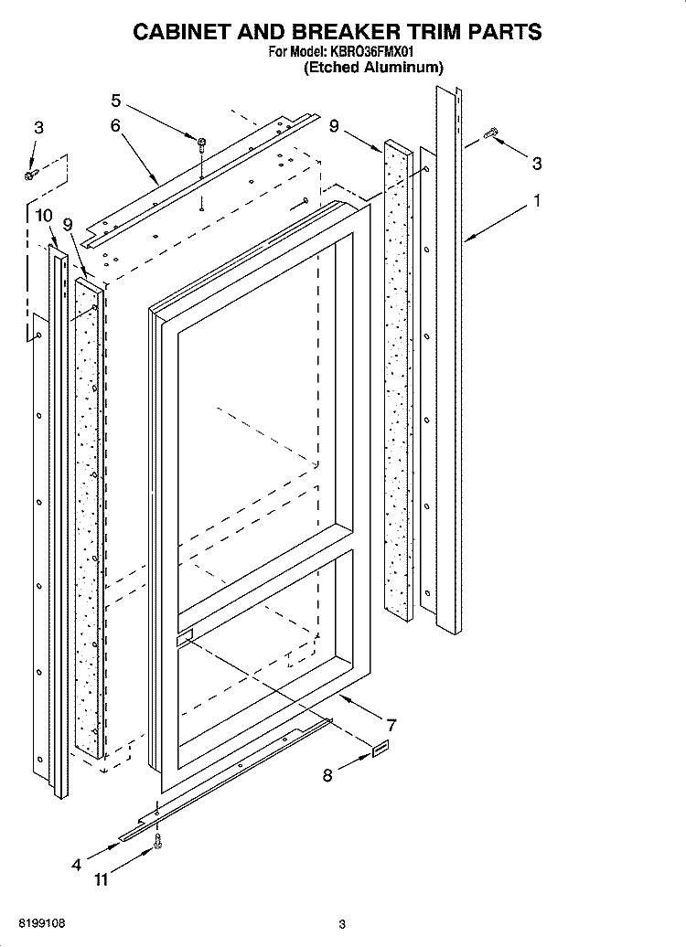 CABINET AND BREAKER TRIM PARTS Diagram and Parts List for KBRO36FMX01  KitchenAid Refrigerator