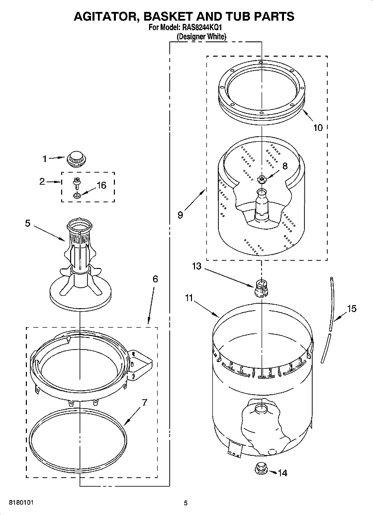 AGITATOR, BASKET AND TUB PARTS Diagram and Parts List for RAS8244KQ1  Roper Washer