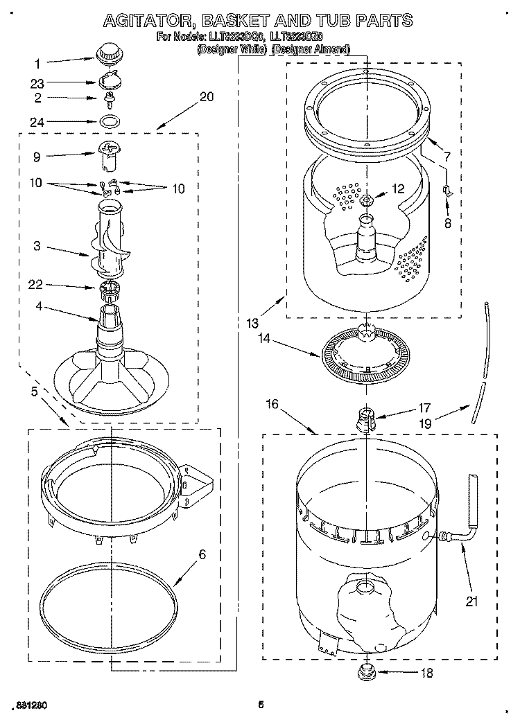 AGITATOR, BASKET AND TUB Diagram and Parts List for LLT8233DQ0  Whirlpool Washer